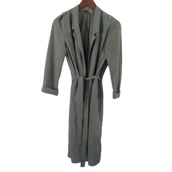 H&M Divided Women’s Dark Sage Green Belted Long Trench Size Small - Picture 1 of 15